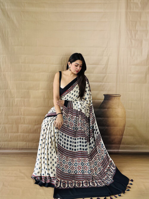 Blue Blossom Pure Ajarkh Silk Saree