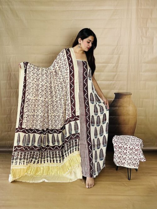 Ivory Leaf Butta - Pure Modal Silk Unstitched Dress Material