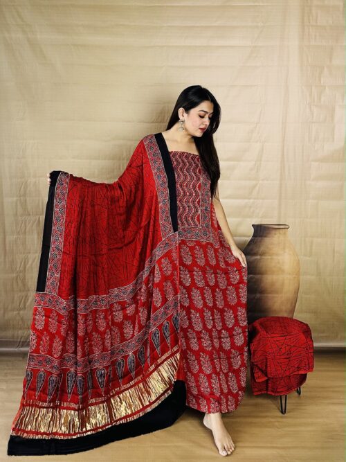 Scarlet Red in Patti Butta - Pure Modal Silk Unstitched Dress Material