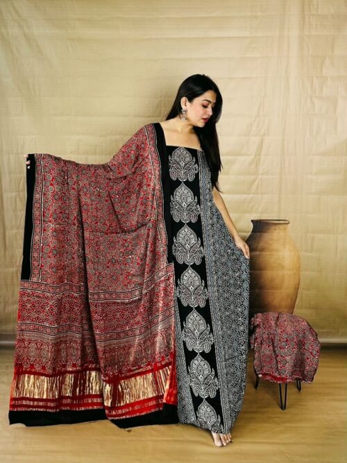 Black & Red - Pure Modal Silk Unstitched Dress Material