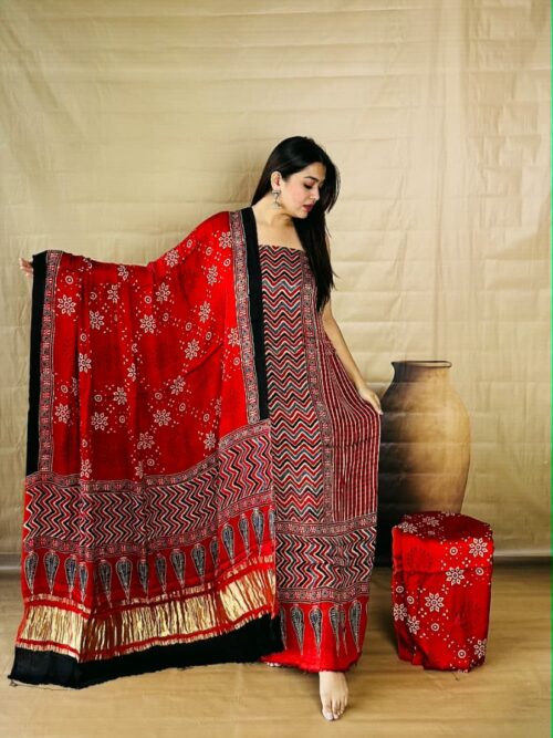 Deep Red Geometric Prints- Pure Modal Silk Unstitched Dress Material