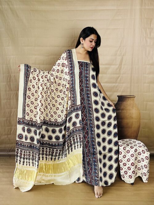 Ivory Circular Motifs - Pure Modal Silk Unstitched Dress Material