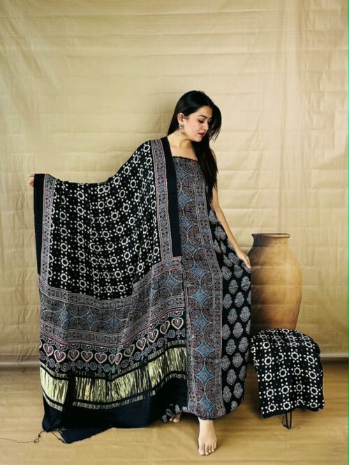 Indigo & Black Pure Modal Silk Unstitched Dress Material