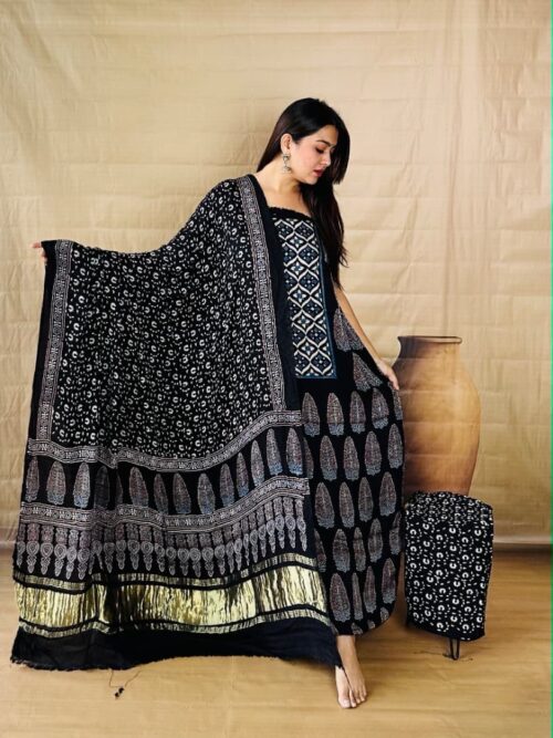 Black with Yoke - Pure Modal Silk Unstitched Dress Material