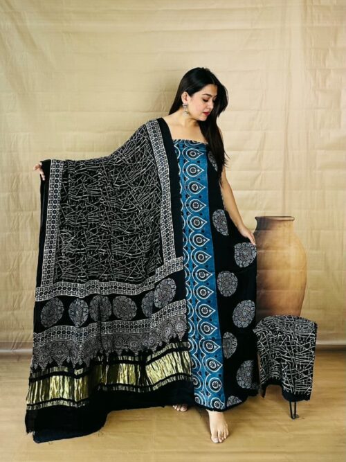 Black & Indigo Panel- Pure Modal Silk Unstitched Dress Material