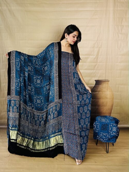 Indigo Dye Front Panel- Pure Modal Silk Unstitched Dress Material