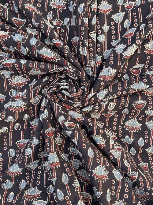 Midnight Jal Lotus Ajrakh Hand Block Cotton Fabric