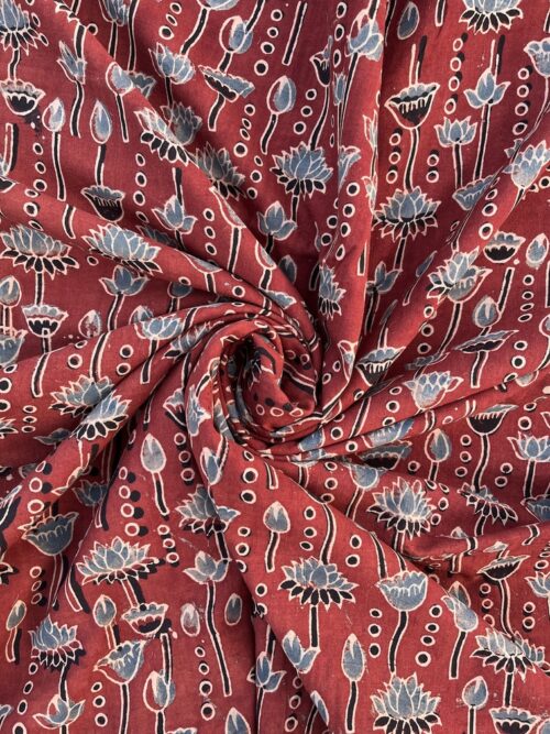 Scarlet River Lotus Ajrakh Hand Block Cotton Fabric