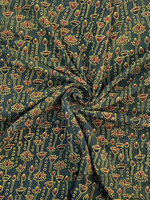 Juniper Gold Lotus Ajrakh Hand Block Cotton Fabric