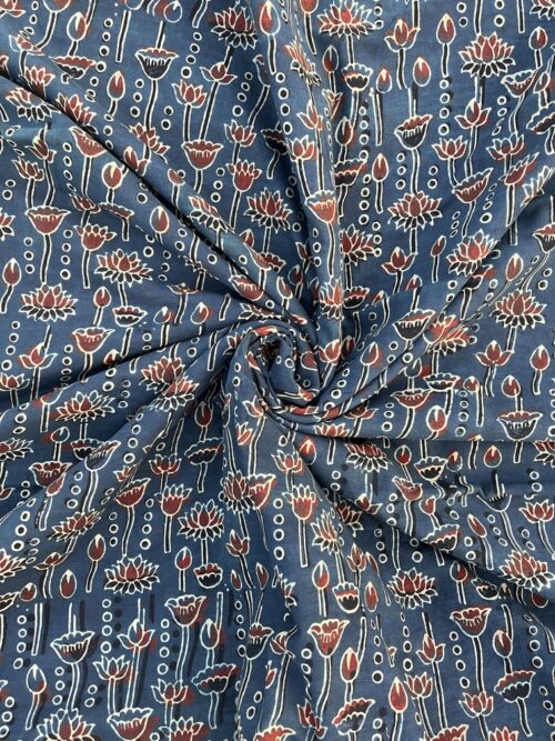 Teal Nila Lotus Ajrakh Hand Block Cotton Fabric