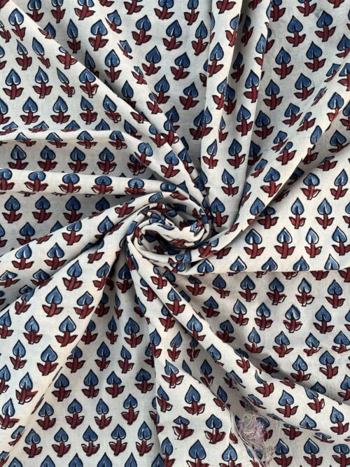 Shvet Blue-Leaf Buti  Ajrakh Hand Block Cotton Fabric