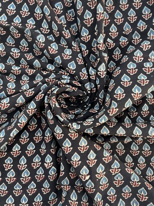 Raven Black Bud Buti Ajrakh Hand Block Cotton Fabric