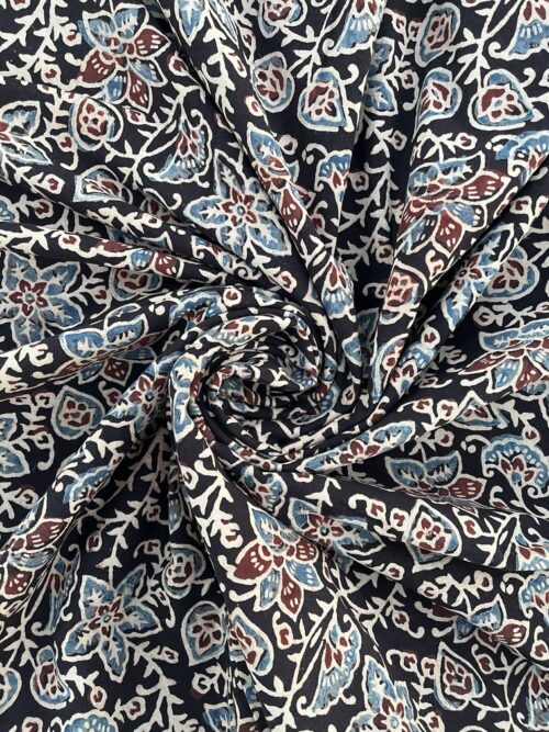 Raven Black Midnight Leaf Ajrakh Hand Block Cotton Fabric