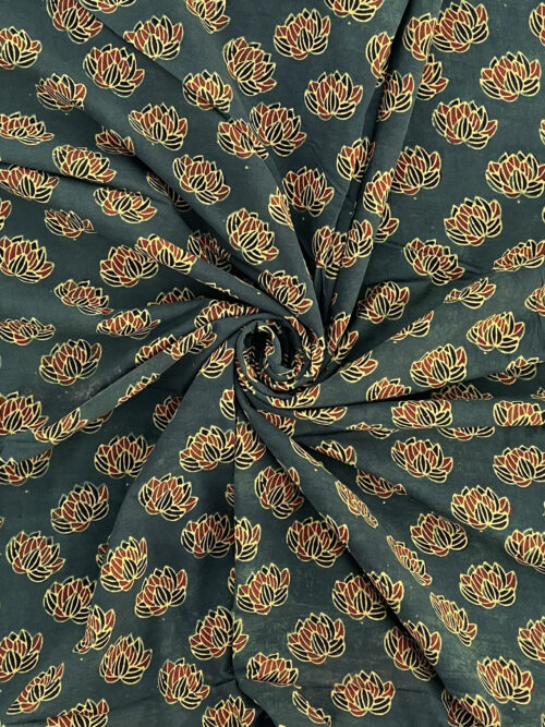 Sage Lotus Garden  Ajrakh Hand Block Cotton Fabric