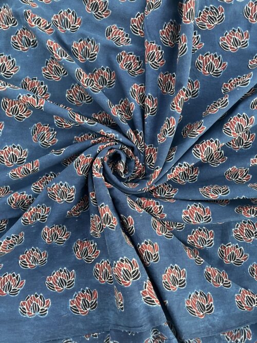 Neel Padma Lily Ajrakh Hand Block Cotton Fabric