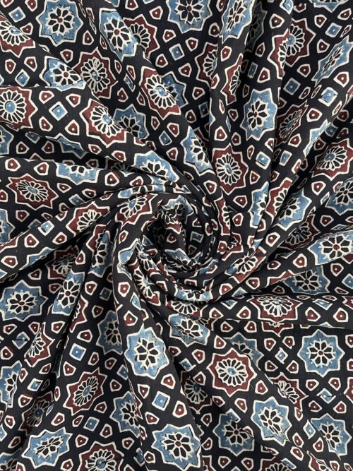 Midnight Star Web Ajrakh Hand Block Cotton Fabric