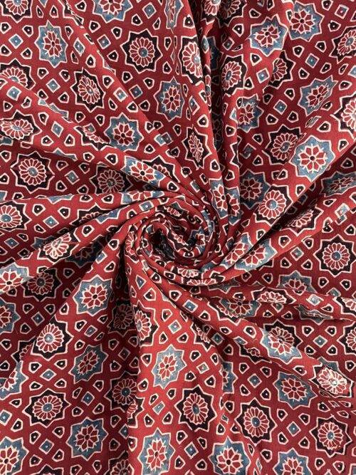 Crimson Aakash Grid Ajrakh Hand Block Cotton Fabric