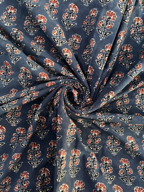 Midnight Indigo Blossom Ajrakh Hand Block Cotton Fabric