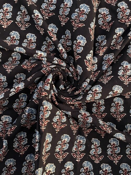Onyx & Azure Blue Floral Ajrakh Hand Block Cotton Fabric