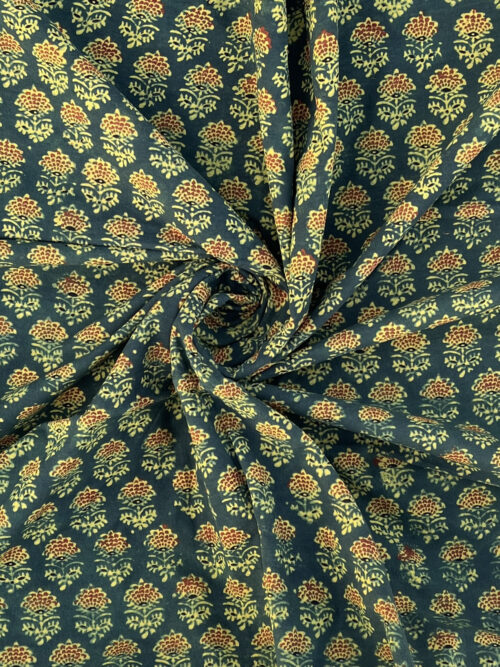 Moss Green Swarna Pushpa Ajrakh Hand Block Cotton Fabric
