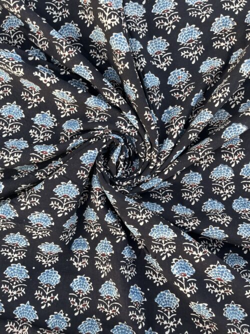 Obsidian Sky Lotus Ajrakh Hand Block Cotton Fabric