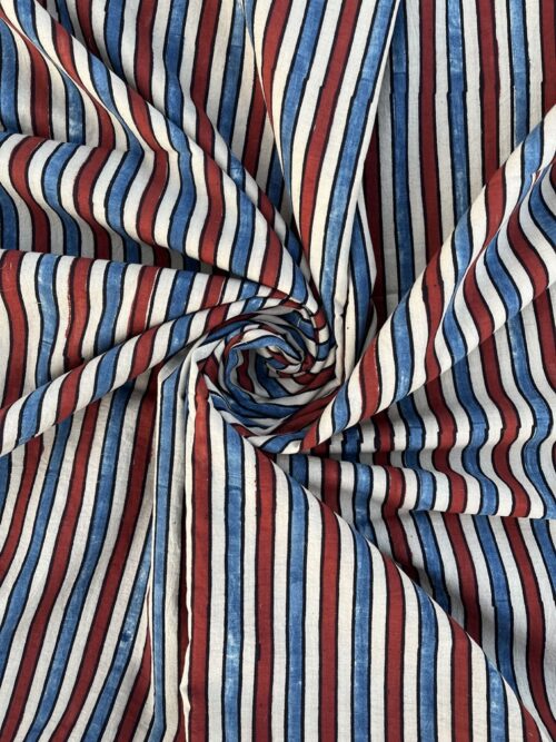 Azure Sky Stripes Ajrakh Hand Block Cotton Fabric