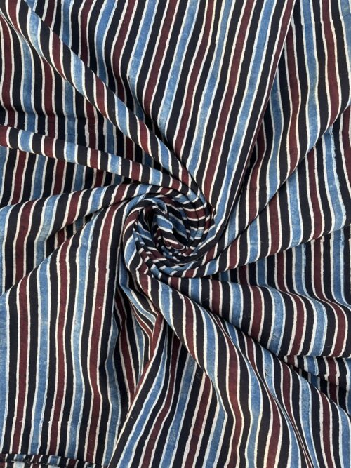 Midnight Indigo Lines Ajrakh Hand Block Cotton Fabric