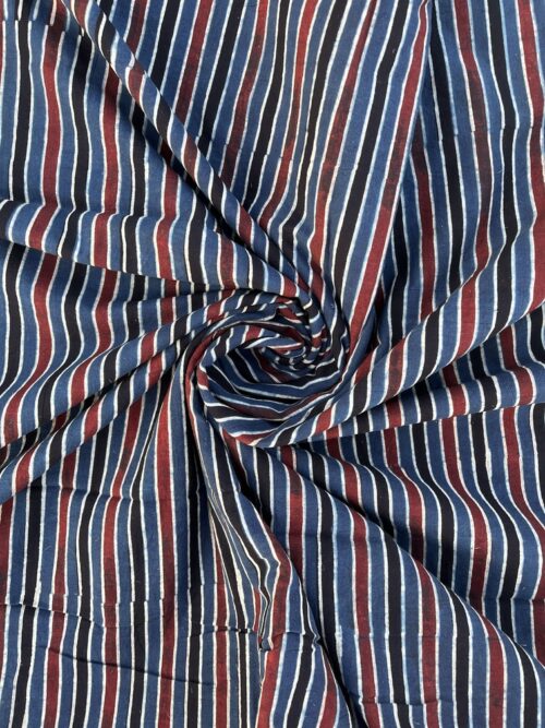 Deep Sea Linear Ajrakh Hand Block Cotton Fabric