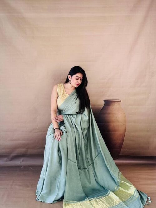 Sage Mist Dola Silk Saree with Gold Tissue Border