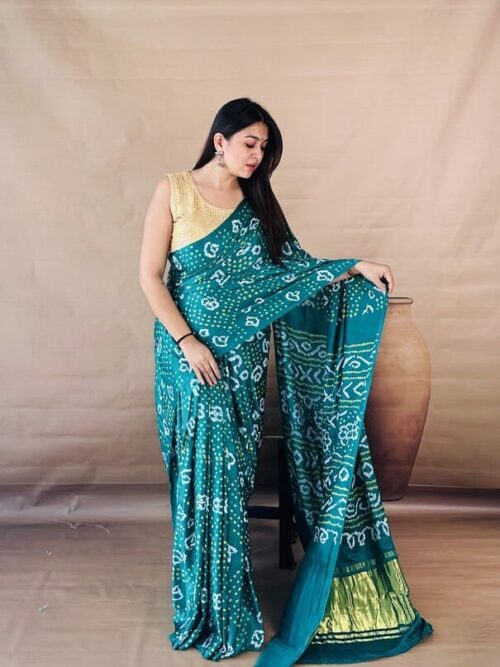 Teal Emerald Heritage Bandhani Saree