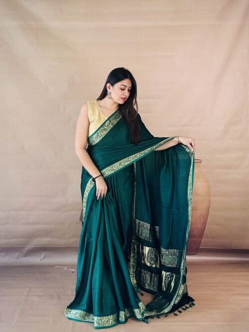 The Royal Emerald Dola Silk Saree with Gold Tissue Border