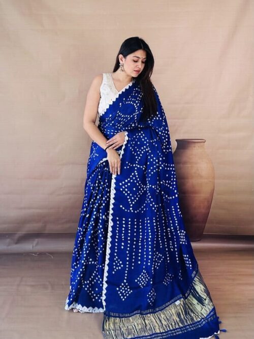 Midnight Cobalt Scalloped Bandhani Saree