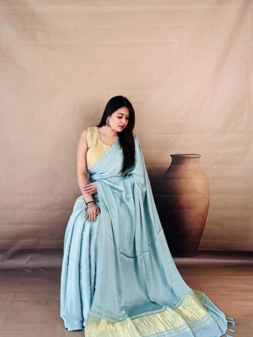 The Breezy Azure Dola Silk Saree with Shimmering Tissue Trim